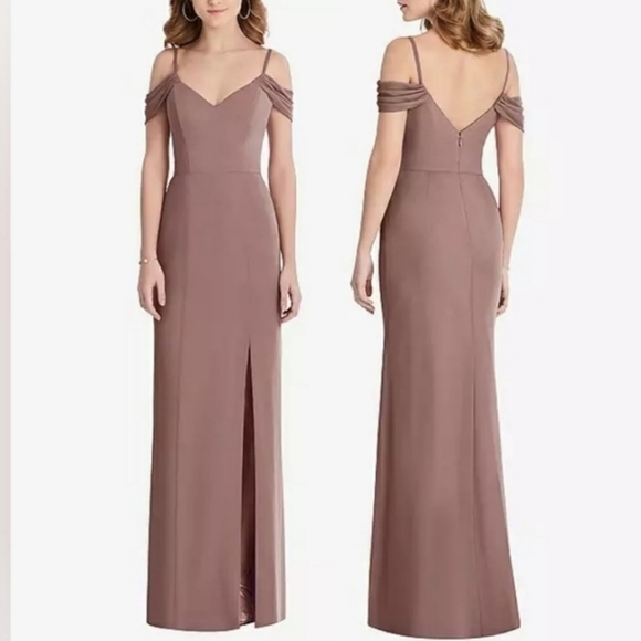NWT AFTER SIX OFF-THE-SHOULDER CHIFFON TRUMPET GOWN WITH FRONT SLIT IN SIENNA 4 - Picture 1 of 5